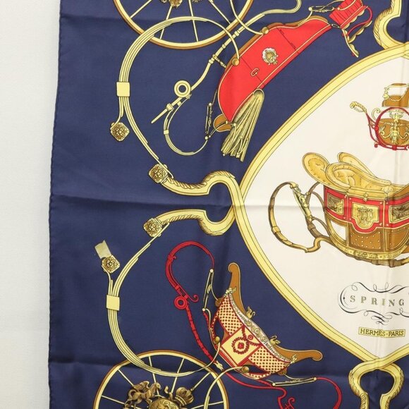 HERMES Carre 90 Scarf ""SPRINGS"" Silk Navy White Auth - Picture 5 of 16